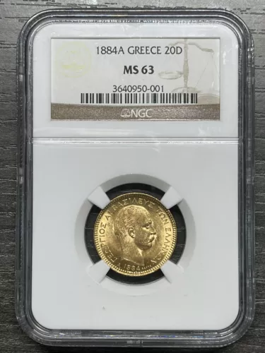 Greece 1884A 20 Drachma Gold NGC MS63 SKU#4414