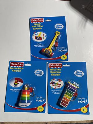 New In Package Fisher Price Keychains Xylophone Push Chime & Rock-A-Stack Rings 