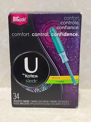 U by KOTEX Sleek   34 UNSCENTED  TAMPONS ( 17 REGULAR/ 17 SUPER ) 