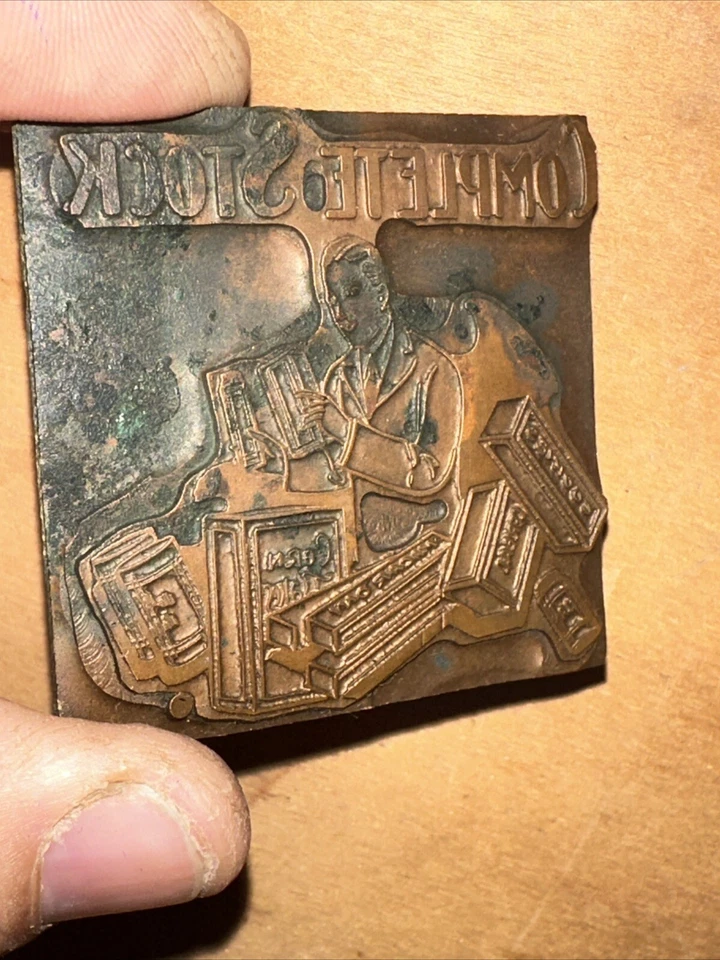 Printing Block Type Cut ( Man Sorting Groceries ) Complete Stock. Early Scene - Image 4 of 4