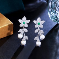 Chic Silver Plated Flower Pearl Drop Earrings Women Cubic Zirconia Party Jewelry