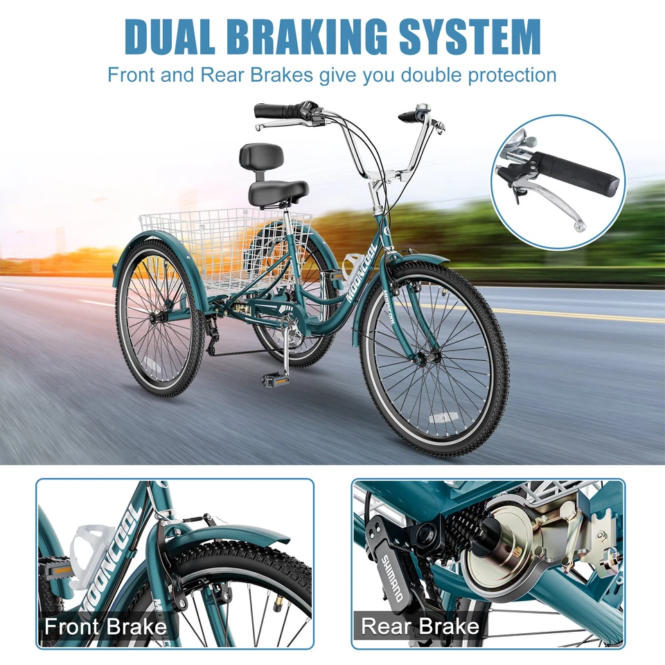 Mooncool 24" 7 Speed Adult Trike Tricycle 3-Wheel Bike with Basket for Shopping - Image 2 of 4