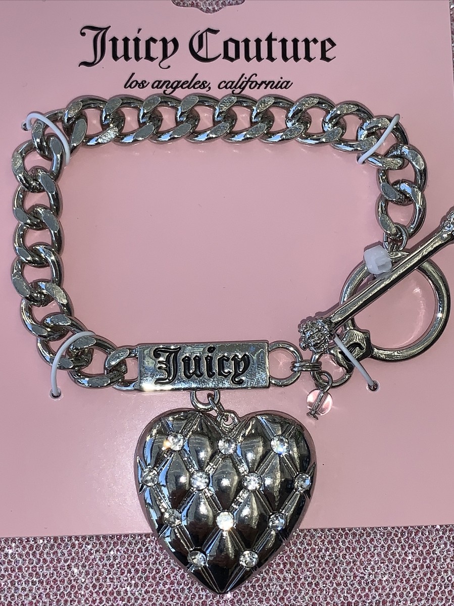 Juicy Couture Logo Big Silver Tone Heart Charm Link Chain