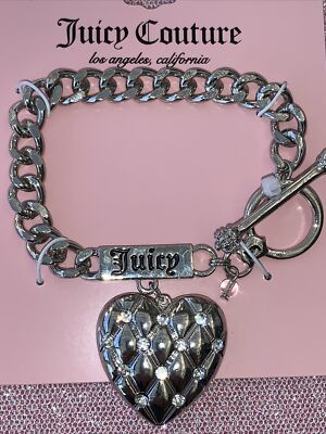 Juicy Couture Logo Big Silver Tone Heart Charm Link Chain Toggle