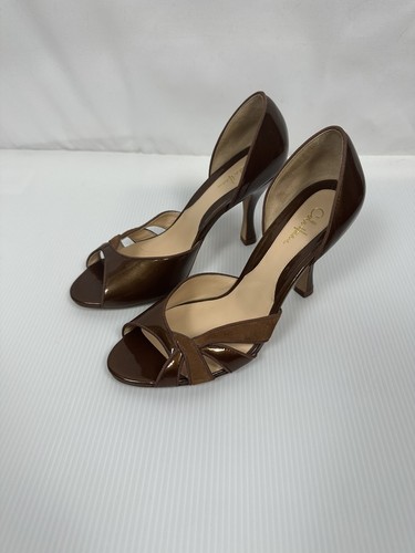 Cole Haan Size 8 Bronze Patent Leather And Suede Dorsey Open Toe Pumps
