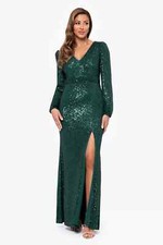 XSCAPE Farley Green Long Sleeve Long V-Neck Sequin Gown 4504 Size 6