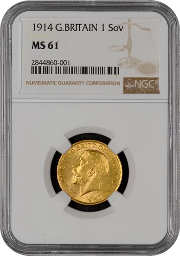 1914 Great Britain Gold 1 Sovereign NGC MS 61 BU UNC LOTS OF LUSTER