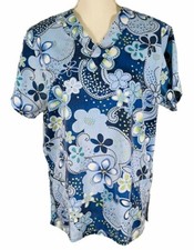 V Life Scrub Top Womens Size Large Blue Floral V Neck Short Sleeve Pockets