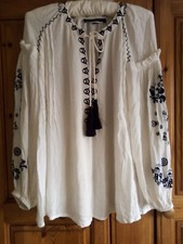 French Connection Ivory & Black Embroidery Oversized Peasant Top Size XXS 6UK
