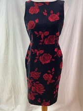 Talbots Black Velvet Red Rose Sleeveless Sheath Dress and Jacket Set 6P and 6