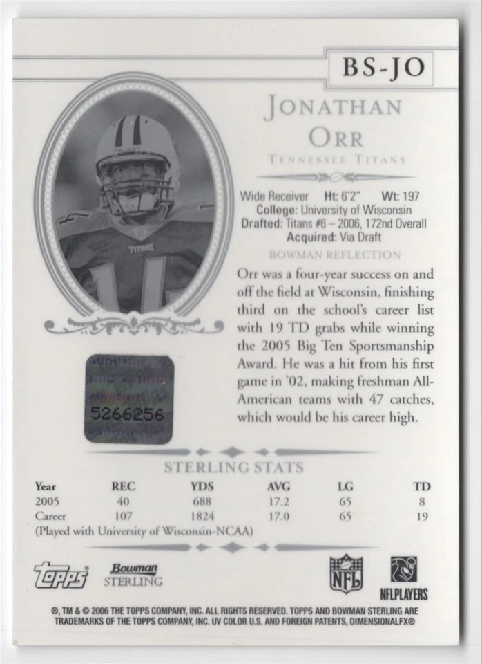 2006 Bowman Sterling RC AUTO Jonathan Orr Rookie Auto Tennessee Titans #BS-JO - Image 2 of 2