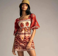 Farm Rio Square Neck Linen Dress Anthropologie Puff Sleeve Mini Morocco Sz L NEW