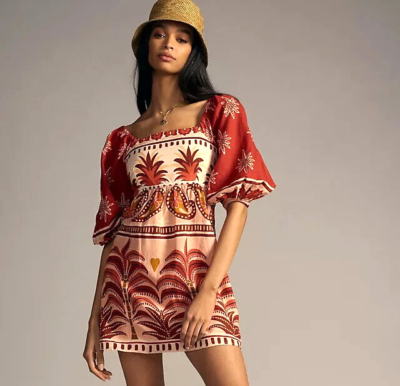 Farm Rio Square Neck Linen Dress Anthropologie Puff Sleeve Mini Morocco Sz  L NEW | eBay