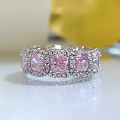 4CT Cushion Simulated Sapphire Full Eternity Wedding Ring 14K White Gold Plated