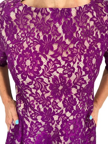 ML Monique Lhuillier GARNET Purple 1/2 Sleeve Lace A Line Cocktail Dress 10 $498 - Picture 10 of 13