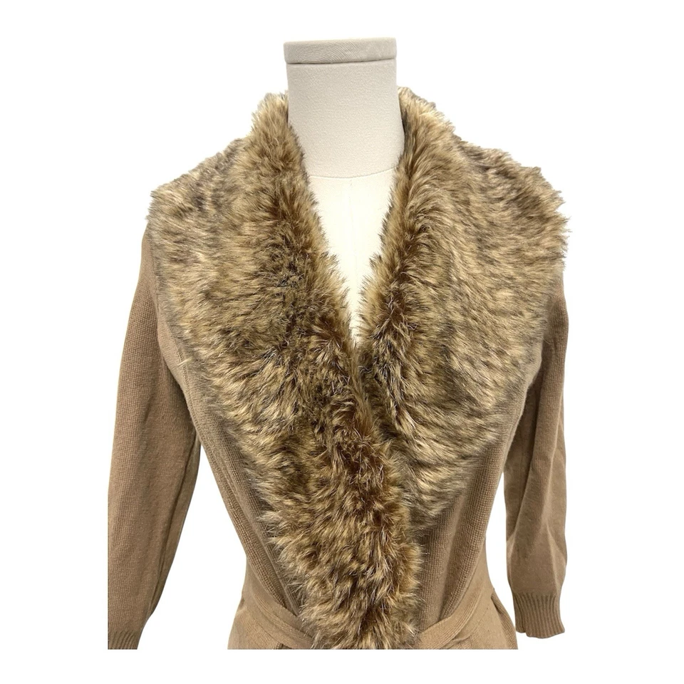 The Limited Y2k 90s Brown Faux Fur Collar Cardigan Tie Waist Sweater SMALL - Image 3 of 4