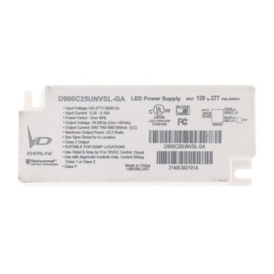 UNIVERSAL D900C25UNVSL-GA SELECTABLE MA DIMMABLE LED DRIVER, 25W 18-28V 120-277V