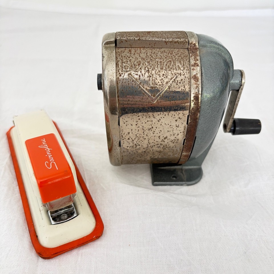 A matched vintage Boston pencil sharpener + Swingline stapler desk set — buy the whole mid-century office vibe in one shot.