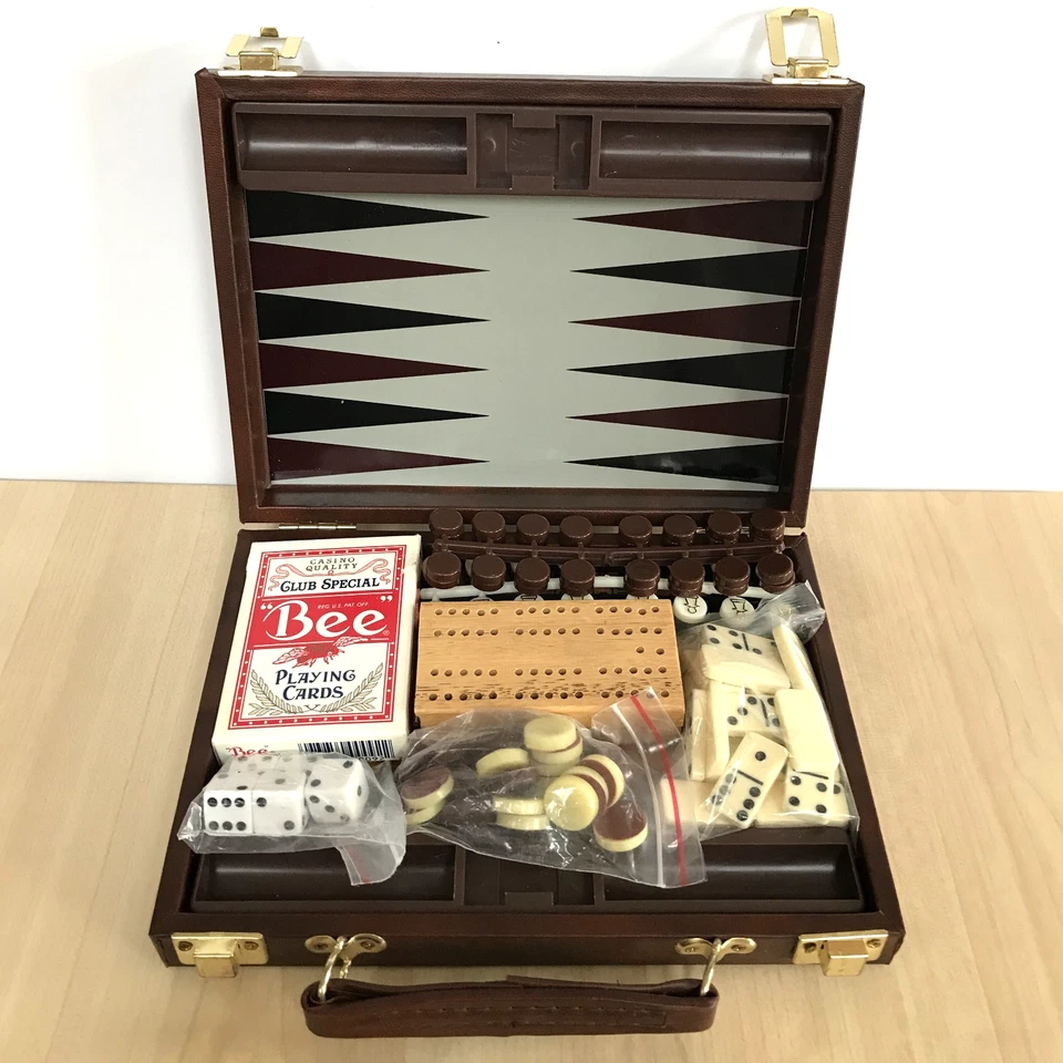 Vintage Games Compendium Travel Set in Case Backgammon Chess Dominoes Cribbage - Image 2 of 4