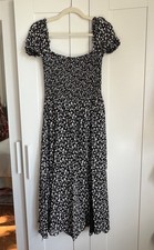 Reformation Black & Cream Floral Midi Dress Short Sleeve Smocked Bodice Medium