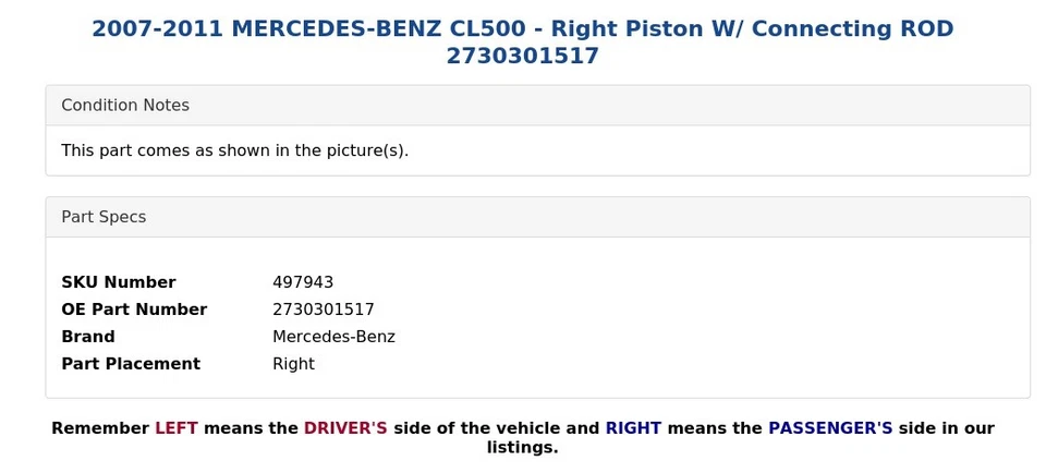 Mercedes-Benz Cl500 2007-2011 - pistón derecho con varilla de conexión 2730301517 Foto 3 de 4