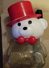 Vintage 1991 Hilco Corporation Plastic Teddy Bear shaped Coin Bank. Red top hat,