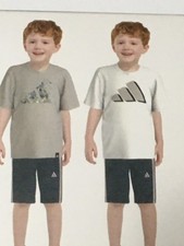 Adidas Boys 3 Piece T-Shirt and Shorts Set Tan White Blue - Size 3T