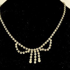 Necklace silver-tone rhinestone Clear Prong Set choker bib a fringe-style drop