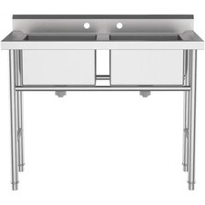 40" H 304 Stainless Steel Kitchen Sink 2 Compartment Free Standing Utility Sink