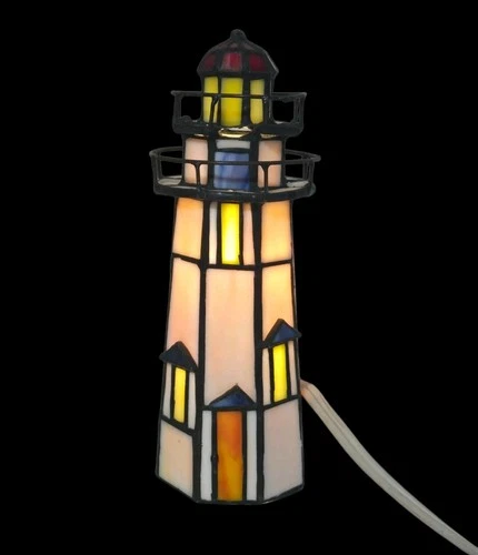 Vtg Stained Glass Light House Tiffany Style Nautical Beach Night Light Lamp 7.5"