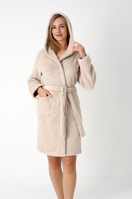 Bademantel Damen Kuschelig Fleece Kurz Beige Kapuze Morgenmantel M-XL