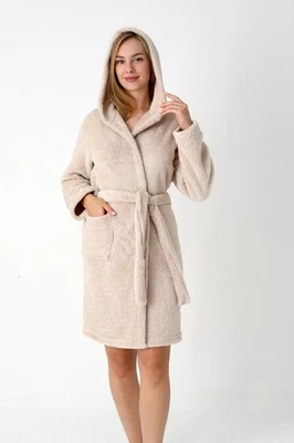 Bademantel Damen Kuschelig Fleece Kurz Beige Kapuze Morgenmantel M-XL - Bild 1 von 4