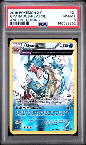 2015 POKEMON XY ANCIENT ORIGINS #21 GYARADOS-REVERSE FOIL PSA 8
