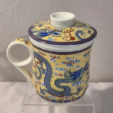 Chinese Jingdezhen Yellow Porcelain Tea Mug With Lid And Infuser Blue Dragon