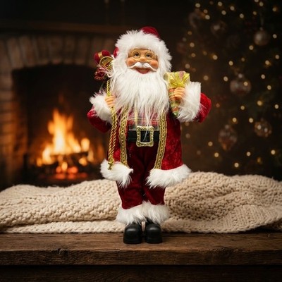 Weihnachtsmann stehend 60cm Santa Claus Dekofigur Rot mit Mantel und Teddybär