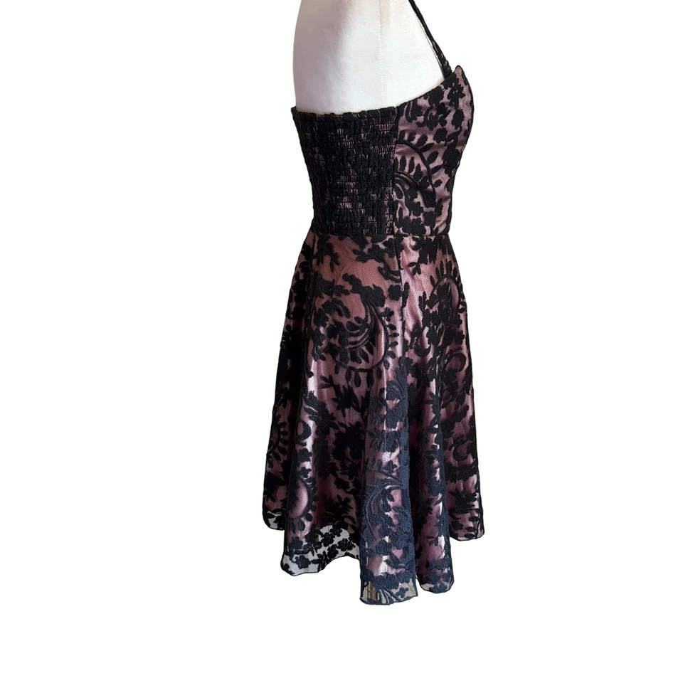 Betsey Johnson Sz 4 Vintage Black Lace Halter w/ Pink Satin Lining  Party Dress - Image 4 of 4