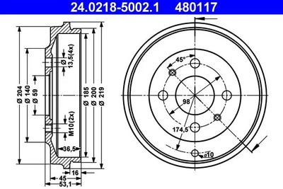 ATE 24021850021 Tamburo del freno, 2 pezzi ATE 24021850021 Tamburo del freno, 2 pezzi