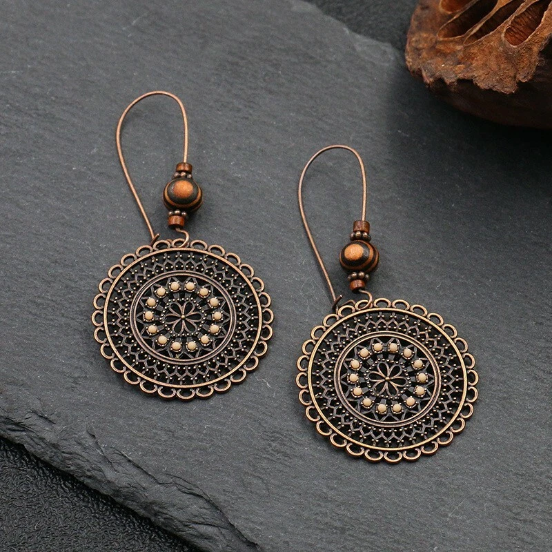 Pendientes bohemios vintage para mujer bronce envejecido cuentas de madera flores disco 1348 Foto 2 de 4