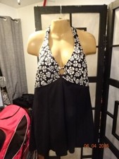 WHITE STAG HALTER SWIMSUIT XL 16/18 Blk/White Floral Padded Bra 1-Piece NWT