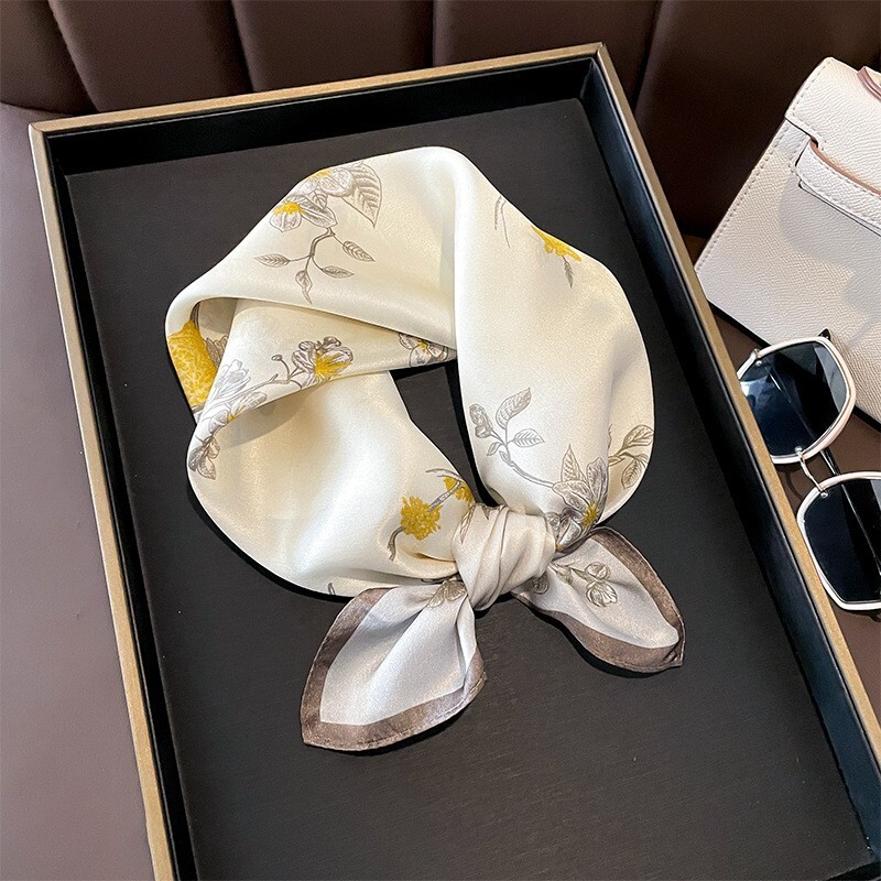 100% Silk Scarf Beige Yellow Floral Bandana Kerchief Turban for Women 53x53cm