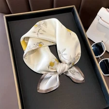 100% Silk Scarf Women Beige Yellow Flowers Bandana Small Kerchief Turban 53*53cm