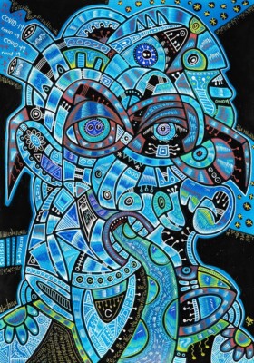 trippy painting, kubistisches Gesicht, Tinten und Airbrush, A3 dickes Papier, surreal