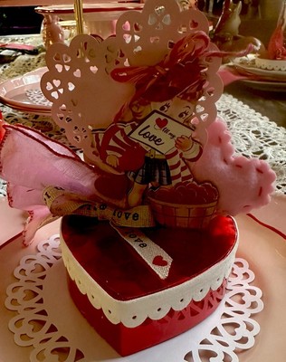 Retro Kitsch Valentines Day Assemblage On Plate Boy Girl Hearts Strawberry
