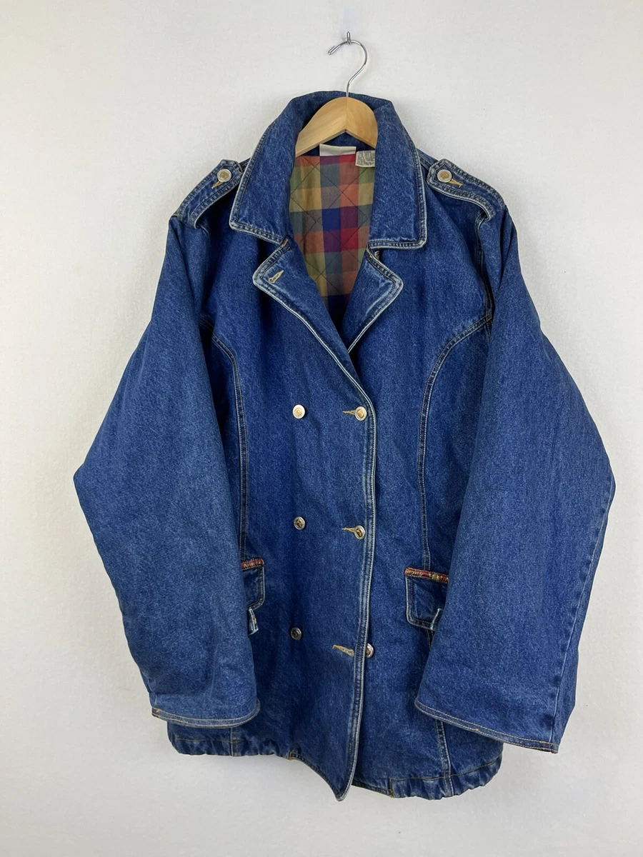 Plaid lined denim jacket womens top