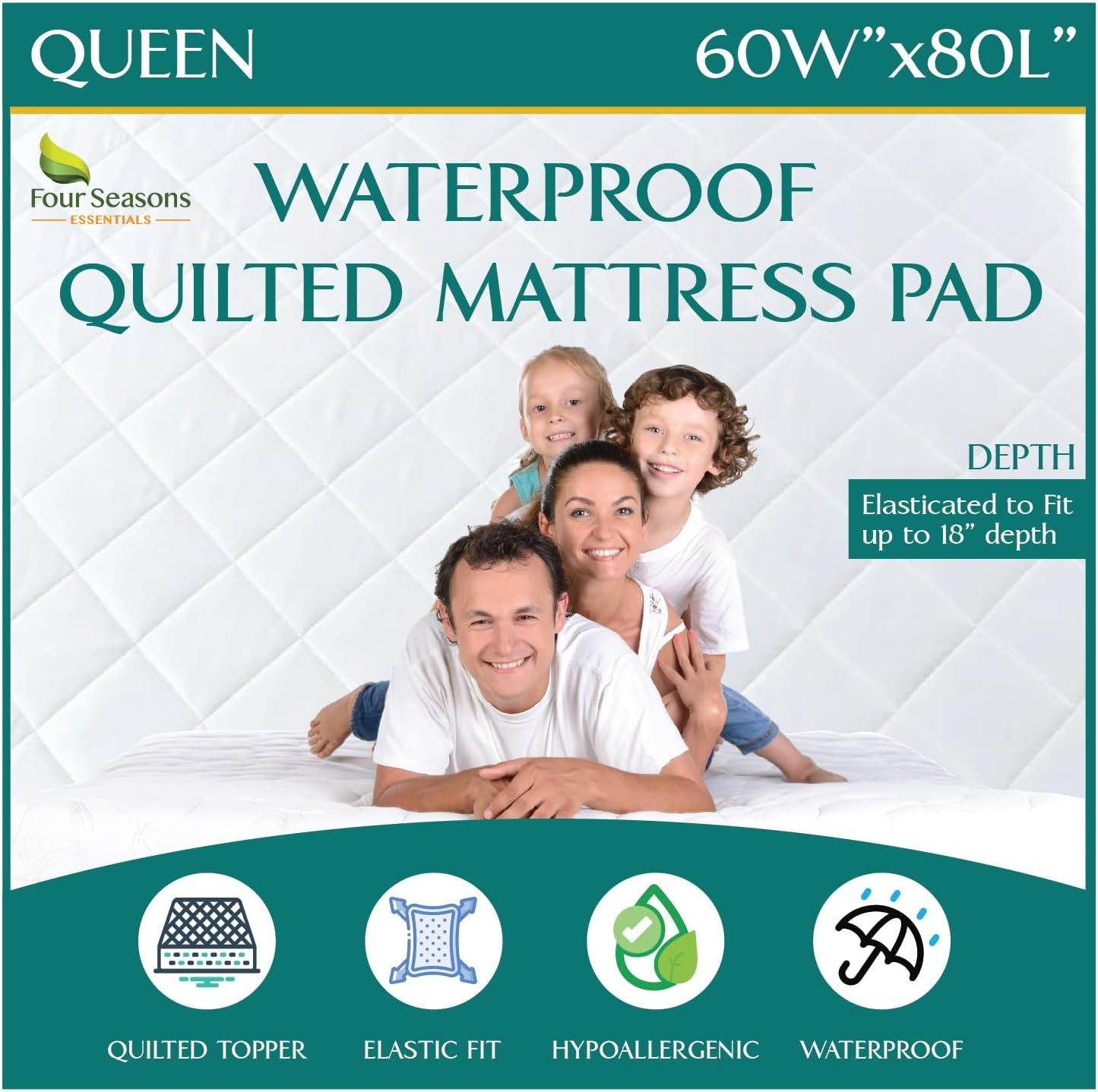 Queen Size Quilted Mattress Pad - Fitted Waterproof Mattress Protector, Pillow T