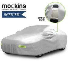 Mockins 190" x 75" x 60" 190T Silver Polyester Car Cover, Zipper Door Waterproof