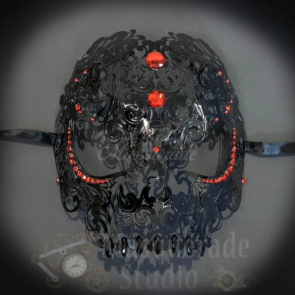 Womens Black Full Skull Phantom Filigree Metal Masquerade Mask [Red Rhinestones] - Image 2 of 4