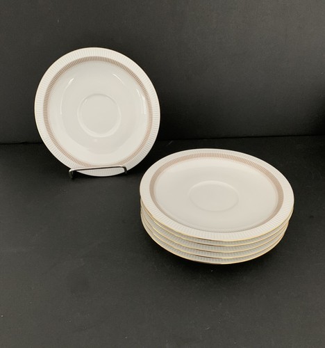 Arzberg Germany Larissa Brown White Ribbed Saucers for Soup Bowl x 6 ~ Gold Trim
