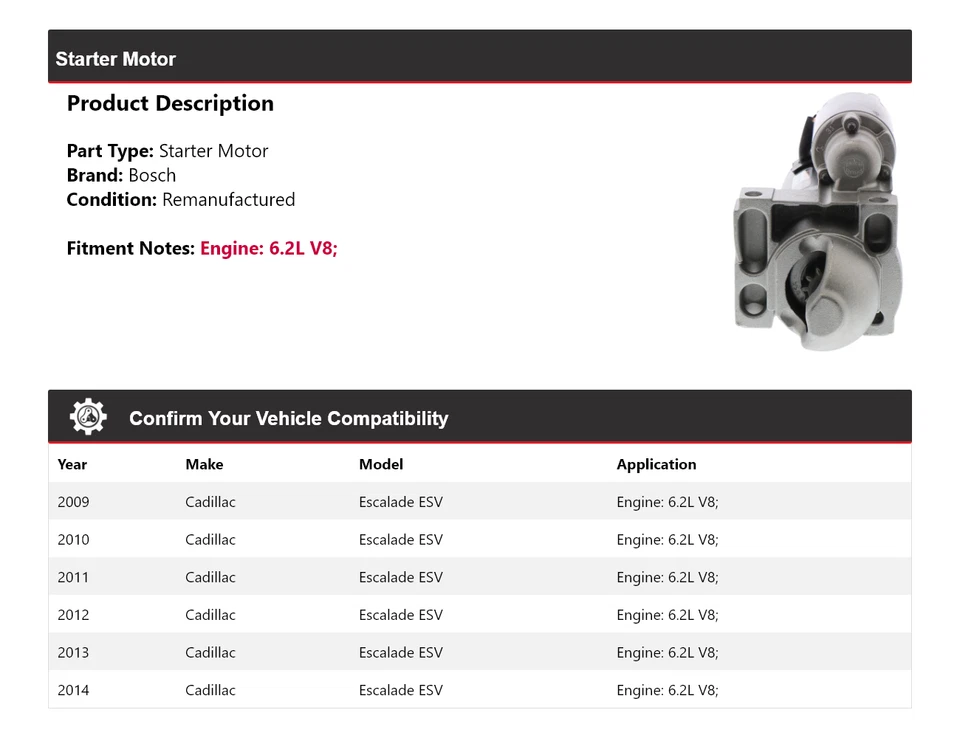 Стартер (восстановленный) 2010 для Cadillac Escalade ESV 6,2 л V8 Bosch 2009-2014 годов выпуска - Изображение 2 из 4