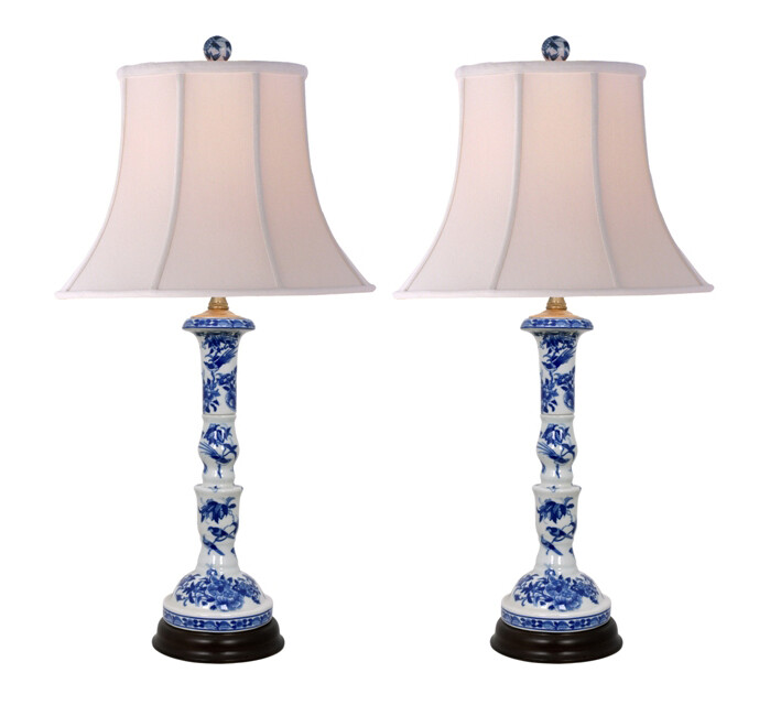 Pair Table Lamps - Porcelain Blue White Rose Canton Buffet Lamps
